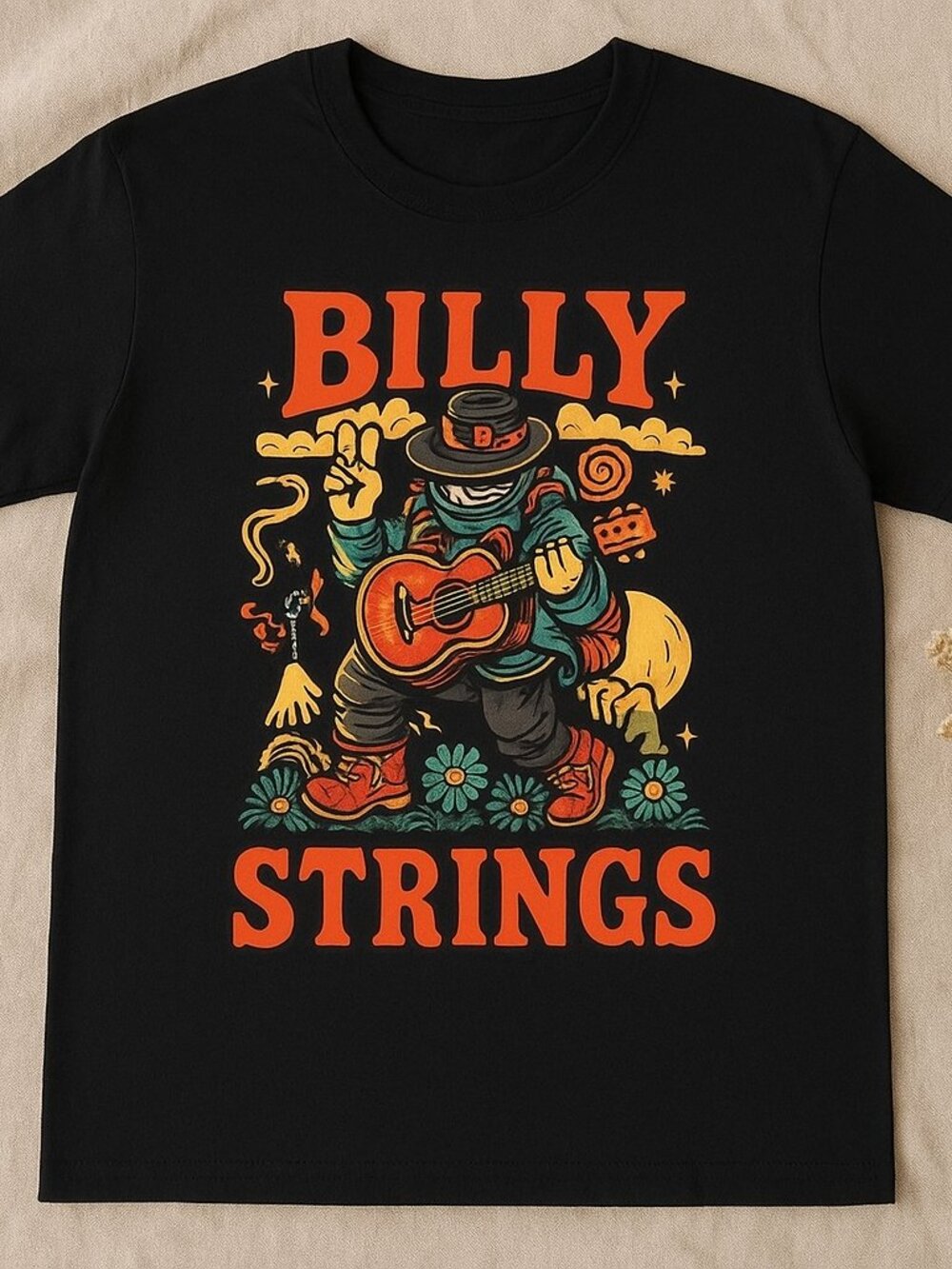 Billy Strings Guitar Graphic Tee | Colorful Bluegrass Music Black T-Shirt